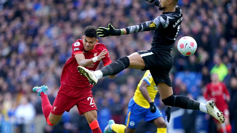 Liverpool's Luis Diaz scores their side's first goal of the game during the Premier League match at the AMEX Stadium, Brighton. Picture date: Saturday March 12, 2022.