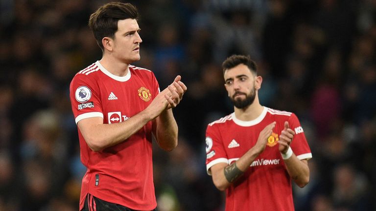 Man Utd's Harry Maguire and Bruno Fernandes react to their defeat against Man City