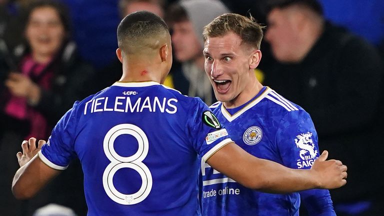 Leicester City&#39;s Marc Albrighton (right) celebrates with Youri Tielemans after scoring