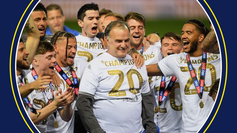 Marcelo Bielsa and Leeds celebrate their Championship title success.