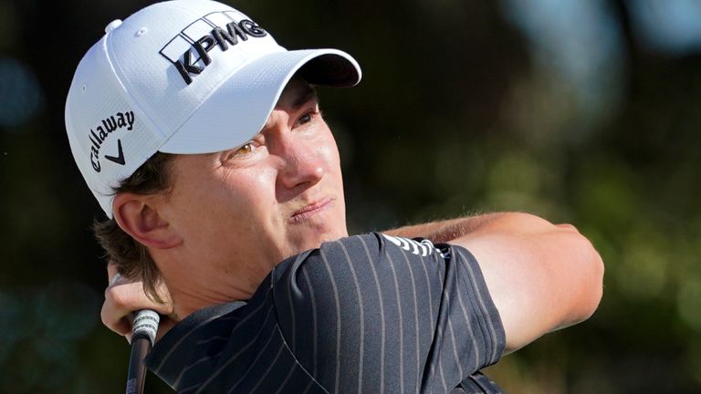 Maverick McNealy watches his tee shot on the first fairway in the first round of the Dell Technologies Match Play Championship golf tournament, Wednesday, March 23, 2022, in Austin, Texas. (AP Photo/Tony Gutierrez)