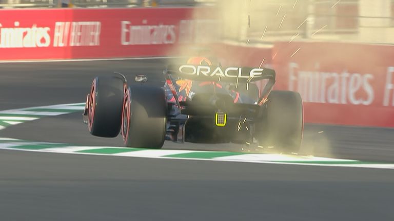 Max Verstappen runs over corner and jumps in the air during P3 in Saudi Arabia