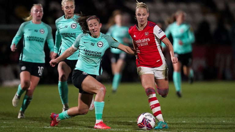 Brighton and Hove Albion&#39;s Maya Le Tissier (left) and Arsenal&#39;s Beth Mead battle for the ball when they met in the WSL in January.