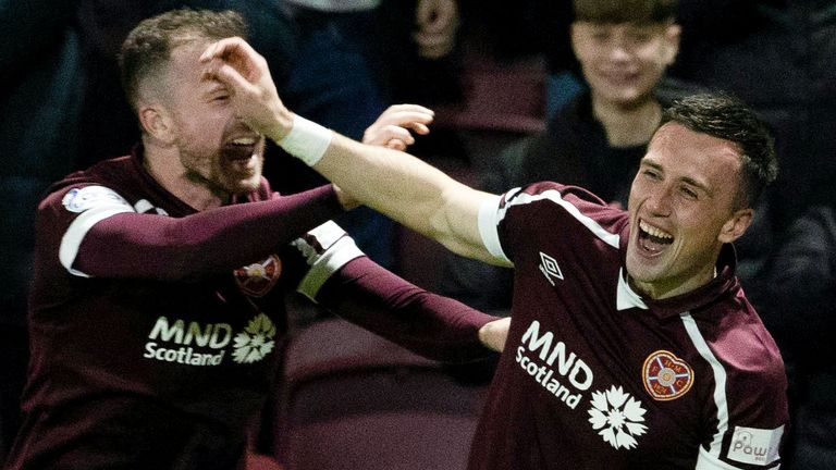 Hearts' Aaron McEneff celebrates making it 3-2 with Andy Halliday