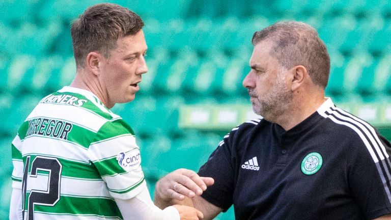 GLASGOW, SCOTLAND - JULY 24: Celtic manager Ange Postecoglou with Callum McGregor at full time during a friendly match between Celtic and West Ham United at Celtic Park on July 24, 2021, in Glasgow, Scotland (Photo by Craig Williamson / SNS Group)