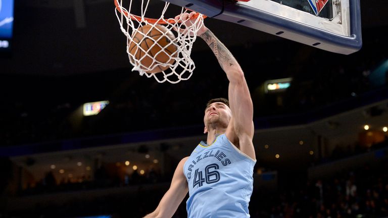Memphis Grizzlies guard John Konchar dunks during the second half of the team&#39;s NBA basketball game against the New Orleans Pelicans