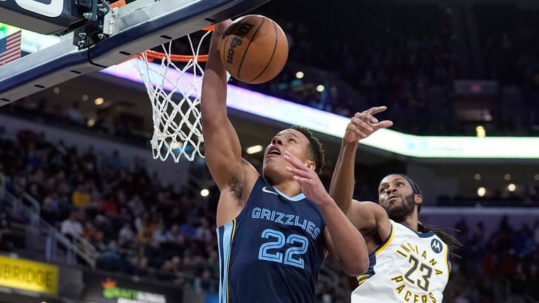 Memphis Grizzlies' Desmond Bane puts up a shot against Indiana Pacers' Isaiah Jackson