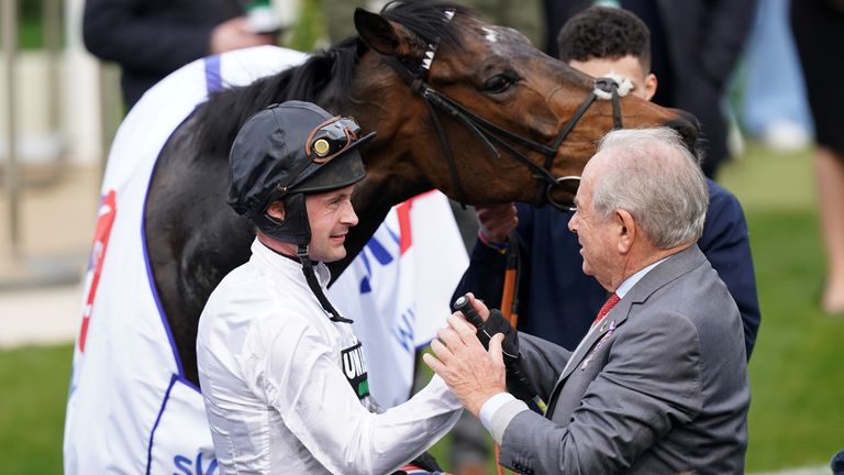 Michael Buckley greets Nico de Boinville after Constitution Hill&#39;s victory in the Supreme Novices&#39; Hurdle