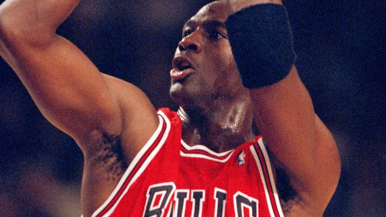 Michael Jordan of the Chicago Bulls takes aim against the New York Knicks at Madison Square Garden in New York on the famous night where he scored 55 points