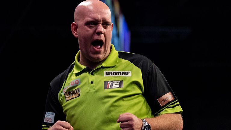 Michael van Gerwen celebrates after winning against Michael Smith in the semi finals on during the 2022 Cazoo Premier League in Exeter. Photo credit should read: Steven Paston/PDC ..RESTRICTIONS: Use subject to restrictions. Editorial use only, no commercial use without prior consent from rights holder.
