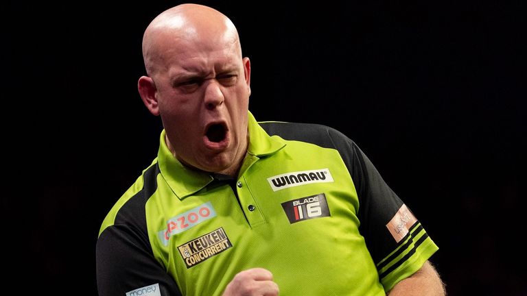 Michael van Gerwen reacting in the quarter final during the 2022 Cazoo Premier League in Brighton. Photo credit should read: Steven Paston/PDC ..RESTRICTIONS: Use subject to restrictions. Editorial use only, no commercial use without prior consent from rights holder.