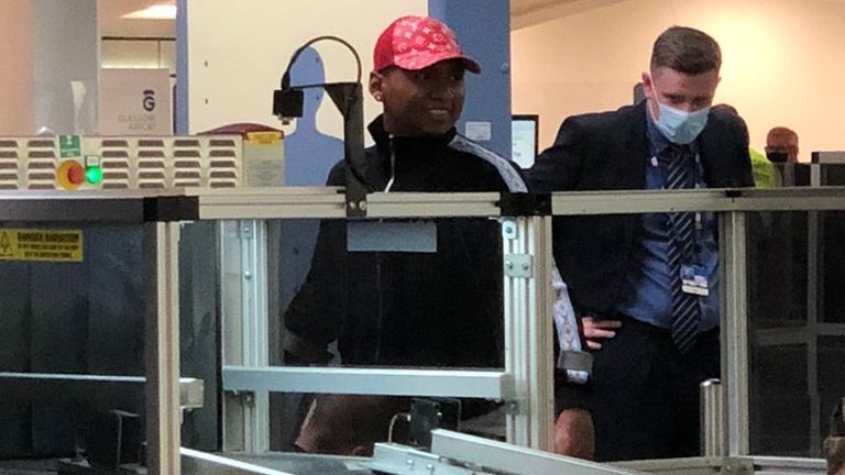 Alfredo Morelos was spotted on crutches at Glasgow Airport ahead of Sunday's Old Firm