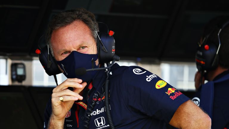 Red Bull Racing Team Principal Christian Horner looks on from the pitwall during free practice for the British Grand Prix at Silverstone.