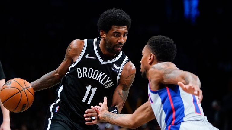 Detroit Pistons&#39; Rodney McGruder, right, defends Brooklyn Nets&#39; Kyrie Irving during the second half of an NBA basketball game Tuesday, March 29, 2022 in New York. The Nets won 130-123. 