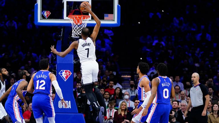 Brooklyn Nets&#39; Kevin Durant goes up for a dunk during the first half of an NBA basketball game against the Philadelphia 76ers, Thursday, March 10, 2022, in Philadelphia.