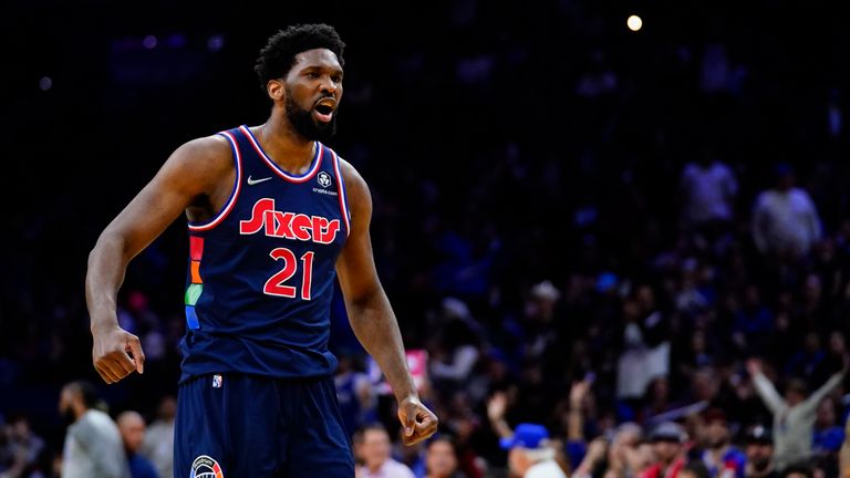 Philadelphia 76ers&#39; Joel Embiid reacts after making a basket during the second half of an NBA basketball game against the Chicago Bulls, Monday, March 7, 2022, in Philadelphia.