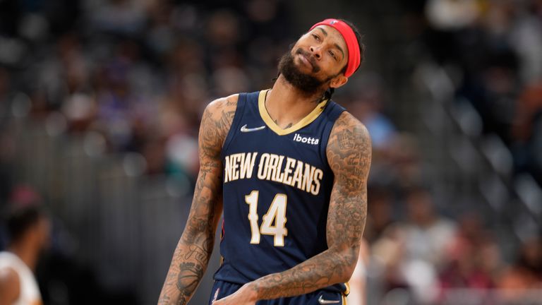 New Orleans Pelicans forward Brandon Ingram reacts in the second half of an NBA basketball game against the Denver Nuggets, Sunday, March 6, 2022, in Denver. (AP Photo/David Zalubowski)



