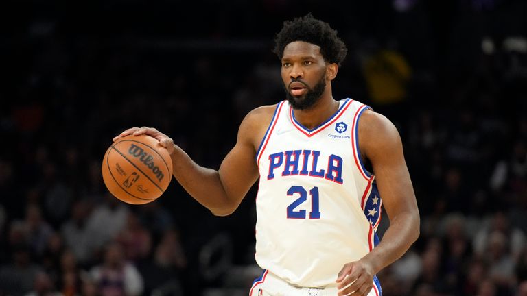 Philadelphia 76ers center Joel Embiid (21) during the first half of an NBA basketball game against the Phoenix Suns, Sunday, March 27, 2022, in Phoenix.