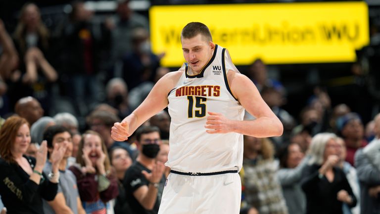 Denver Nuggets center Nikola Jokic reacts after missing a shot late in the second half of an NBA basketball game against New Orleans Pelicans, Sunday, March 6, 2022, in Denver. (AP Photo/David Zalubowski)


