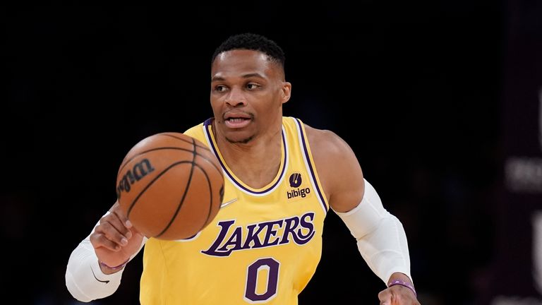 Los Angeles Lakers&#39; Russell Westbrook dribbles during first half of an NBA basketball game against the Toronto Raptors Monday, March 14, 2022, in Los Angeles. (AP Photo/Jae C. Hong)


