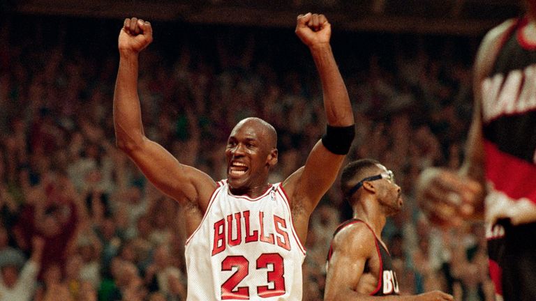Michael Jordan celebrates the Bulls win over the Portland Trail Blazers in the NBA Finals in Chicago on June 14, 1992.