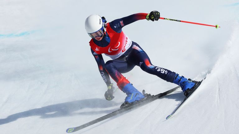 Great Britain's SIMPSON Neil competes the Men's Super-G Vision Impaired - Para Alpine Skiing at Yanqing National Alpine Skiing Centre in Beijing, China on March 6, 2022. Simpson won the event to claim the gold medal. ( The Yomiuri Shimbun via AP Images )