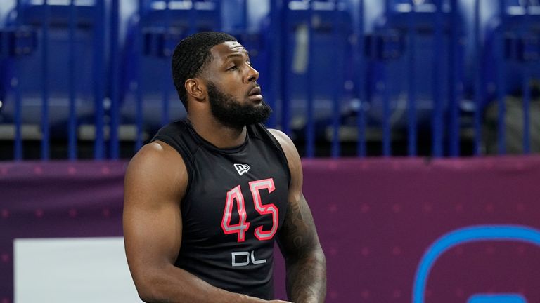 Oregon defensive lineman Kayvon Thibodeaux watches during the NFL football scouting combine, Saturday, March 5, 2022, in Indianapolis. (AP Photo/Darron Cummings)


