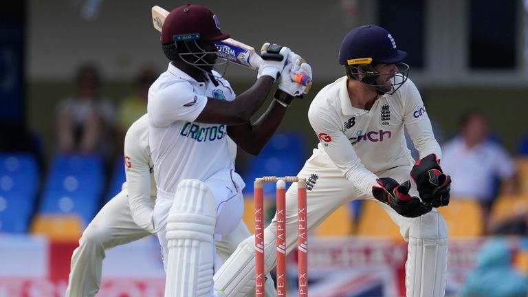 West Indies' Nkrumah Bonner plays a shot during day three of the first cricket Test match against England at the Sir Vivian Richards Cricket Ground in North Sound, Antigua and Barbuda, Thursday, March 10, 2022. (AP Photo/Ricardo Mazalan)