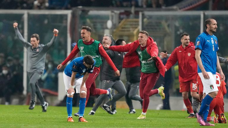 North Macedonia players celebrate after the late drama