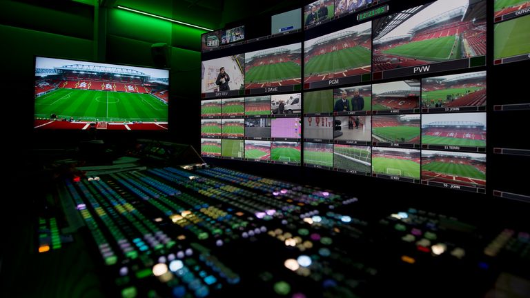 Inside the Sky TV trucks at the Premier League match between Liverpool and Everton on December 2017 (Getty)