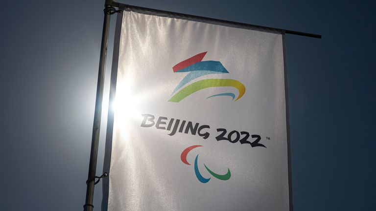 The general view of flag swing in Main Media Centre outside during sunshine on March 1, 2022 in Beijing, China