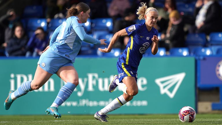Chelsea's Pernille Harder and Man City's Ruby Mace in WSL action