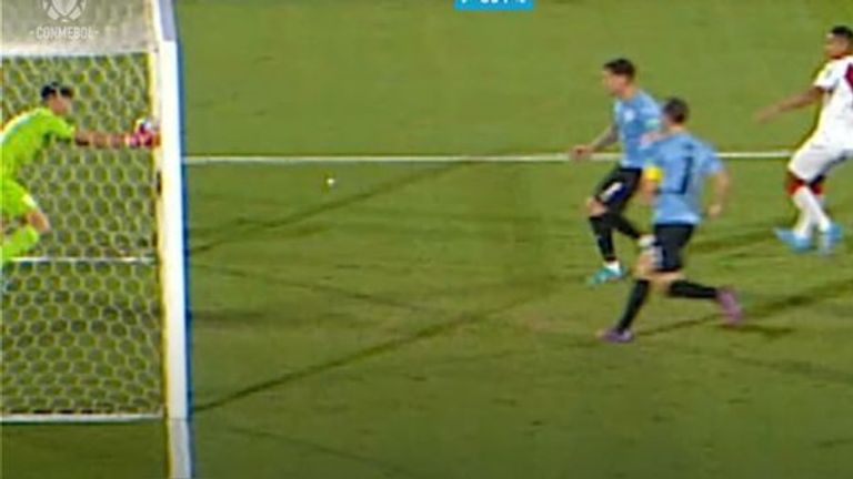 Miguel Trauco’s looping shot was held on the line by Uruguayan keeper Sergio Rochet