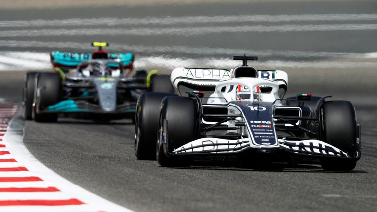 Lewis Hamilton (left) and Pierre Gasly engaged in a closely contested battle for a few laps in Bahrain 