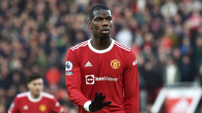 Manchester United...s Paul Pogba during the English Premier League soccer match between Manchester United and Watford at Old Trafford in Manchester, England, Saturday, Feb. 26, 2022. (AP Photo/Rui Vieira)..