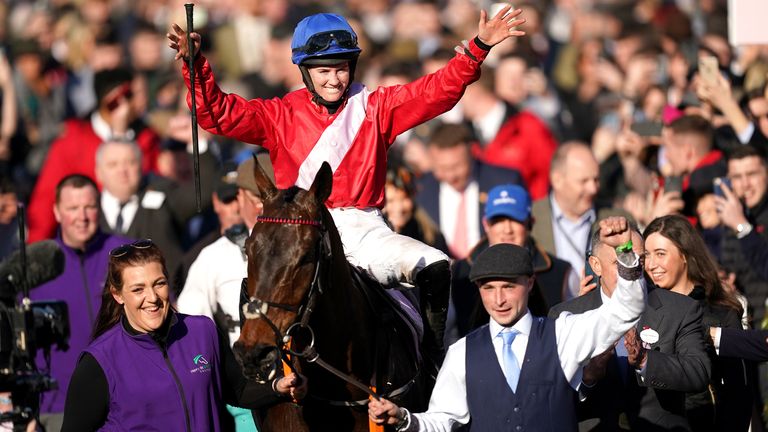 Rachael Blackmore celebrates winning the Cheltenham Gold Cup on A Plus Tard