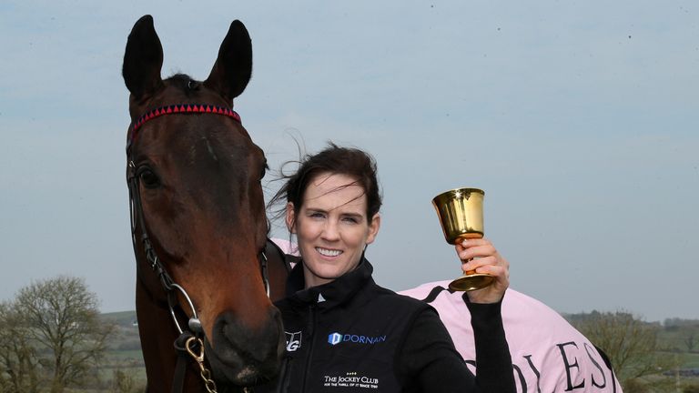 Rachael Blackmore poses with Gold Cup winner A Plus Tard back home at Henry de Bromhead's Knockeen stable