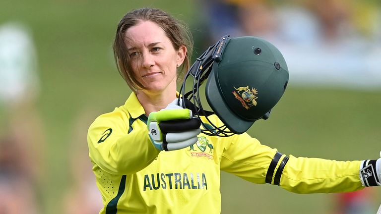 Rachael Haynes of Australia celebrates her century against England 