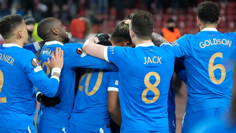 Rangers players celebrate Ryan Kent&#39;s goal at Red Star Belgrade