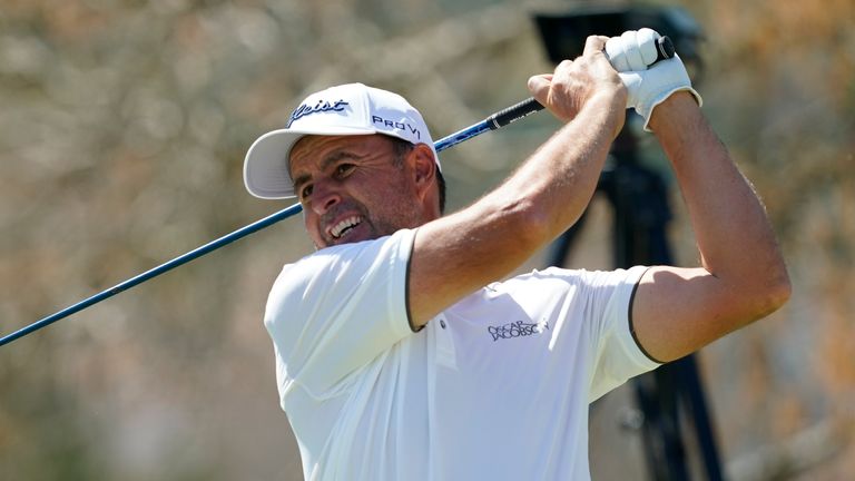 Richard Bland watches his shot from the sixth tee during the third round of the Dell Technologies Match Play Championship golf tournament, Friday, March 25, 2022, in Austin, Texas. (AP Photo/Tony Gutierrez)