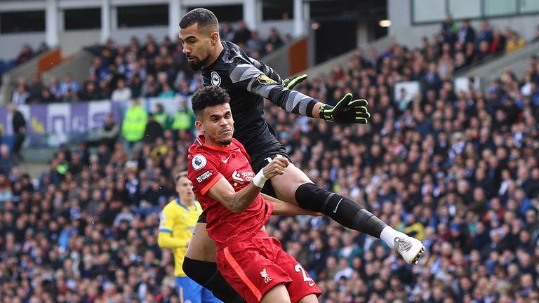 Luis Diaz collides with Robert Sanchez as he puts Liverpool 1-0 in front at Brighton