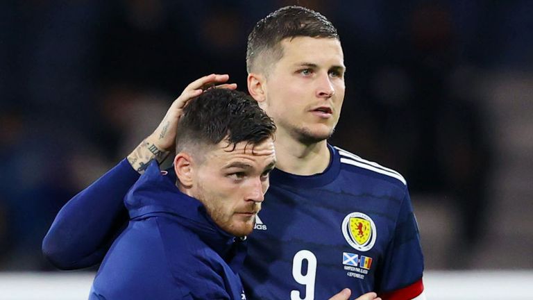 GLASGOW, SCOTLAND - SEPTEMBER 04: Scotland's Andy Robertson (left) and Lyndon Dykes at full time during a World Cup qualifier match between Scotland and Moldova at Hampden Park, on September 04, 2021, in Glasgow, Scotland (Photo by Alan Harvey / SNS Group)