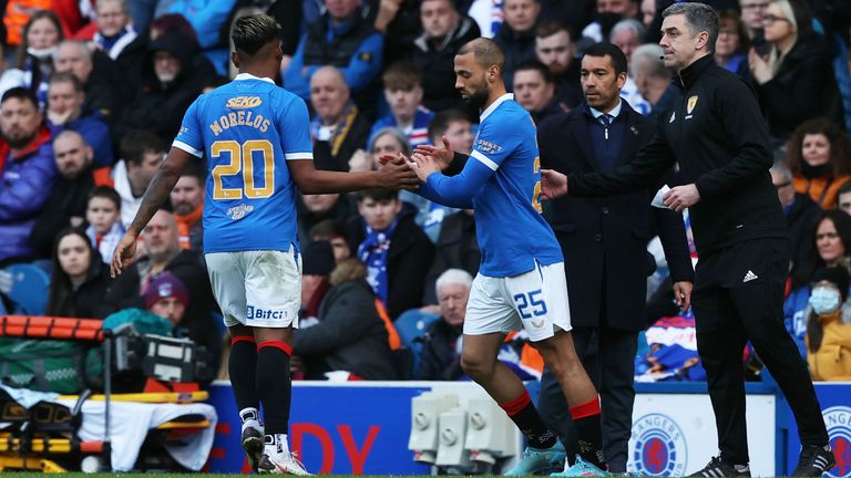 GLASGOW, SCOTLAND - MARCH 05: Kemar Roofe replaces Alfredo Morelos during a Cinch Premiership match between Rangers and Aberdeen at Ibrox Stadium, on March 05, 2022, in Glasgow, Scotland.  (Photo by Craig Williamson / SNS Group)