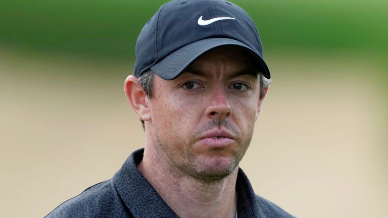Northern Ireland's Rory McIlroy reacts on the 10th hole during the first round of the Abu Dhabi Championship golf tournament at the Yas Links Golf Course, in Abu Dhabi, United Arab Emirates, Thursday, Jan. 20, 2022. (AP Photo/Kamran Jebreili)