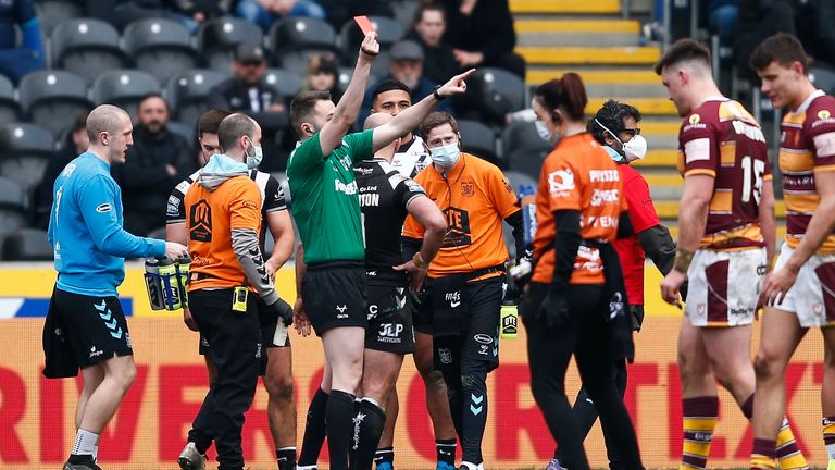 Huddersfield Giants' Will Pryce (not pictured) is shown a red card during the Betfred Super League…