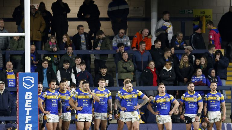 Leeds Rhinos' players looking dejected at 0-30 down during the Betfred Super League match at Headingley Stadium, Leeds. Picture date: Thursday March 10, 2022.