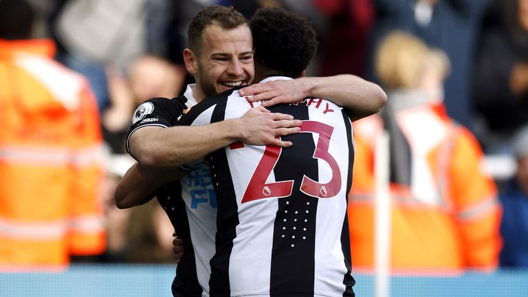 Newcastle United&#39;s Ryan Fraser (left) celebrates scoring their side&#39;s first goal of the game