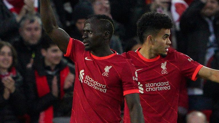 Liverpool&#39;s Sadio Mane (left) celebrates scoring their side&#39;s first goal of the game