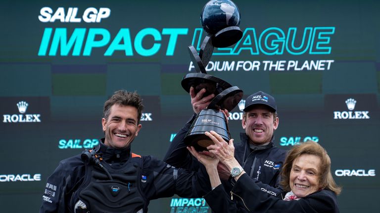 New Zealand SailGP Team co-helmed by Peter Burling and Blair Tuke at the presentation of the Impact League Trophy with Sylvia Earle (Image credit: Bob Martin for SailGP)