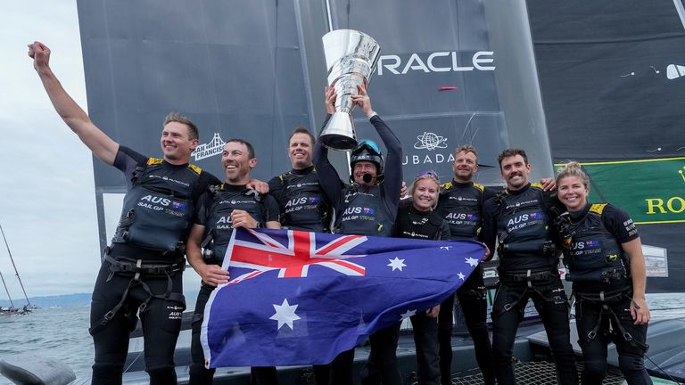 Australia SailGP Team helmed by Tom Slingsby celebrate their victory in the Grand Final (Image credit: Thomas Lovelock for SailGP)